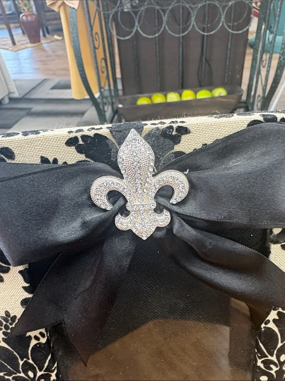 Hobby Lobby Black and Cream Damask Frame with Satin Bow and Fleur-de-Lis